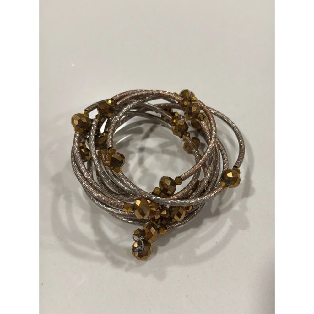 Vintage Style Coiled Silver Bronze Beaded Wrap Bracelet